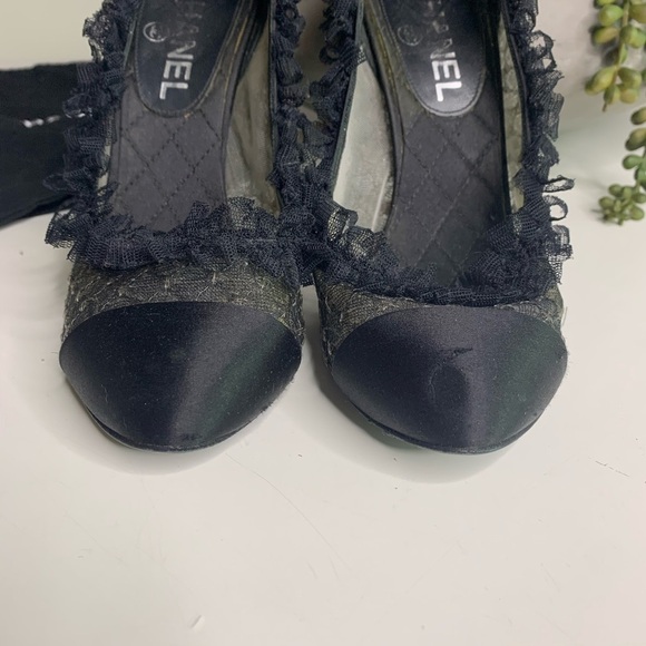 CHANEL Black satin Cap Round Toe Ruffle trim lace sheer high heels Stiletto shoe - Picture 2 of 15